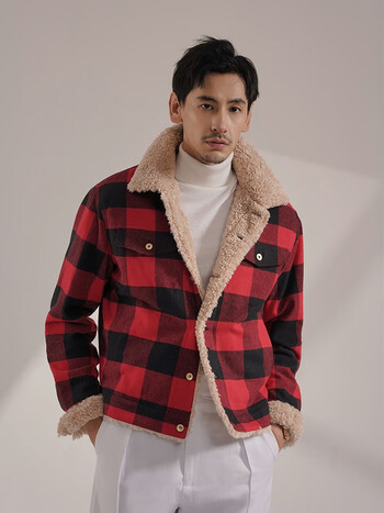 澜外lanwigh【保暖羊羔绒】夹克外套男加绒加厚格子翻领休闲棉服 红黑