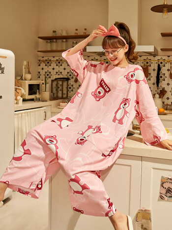 晨素状 连体女生睡衣带睡裙女春秋长袖纯棉睡衣秋天卡通学生宽松连体