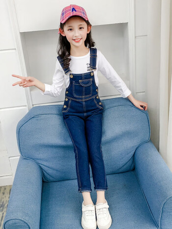 2020新款春秋装长裤洋气大童儿童装小女孩宽松裤子深蓝背带裤单件160