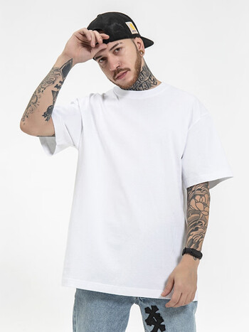 新疆棉纯色宽松掉肩圆领短袖t恤男简约百搭打底衫重磅t恤半袖白色l