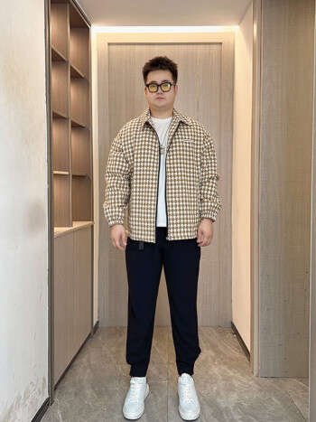 轩森图 微胖男生春秋季千鸟格夹克外套男潮牌上衣帅气轻熟风大码胖子