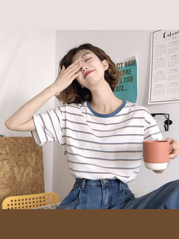 伊顿德鲁短袖t恤女2024新款夏季学院风宽松显瘦条纹学生上衣服女体恤