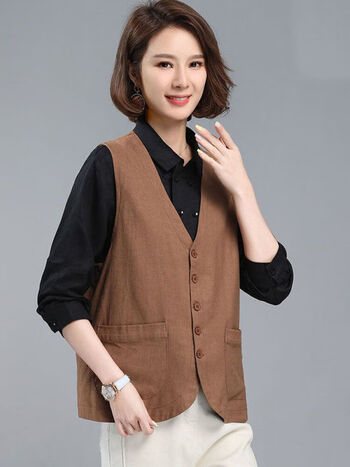 款棉麻马甲女2022春秋新款中年妈妈大码宽松休闲背心亚麻马夹咖色m