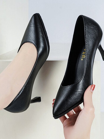 京峋黑色职业高跟鞋女春季新款真皮尖头细跟单鞋浅口百搭办公室专用鞋