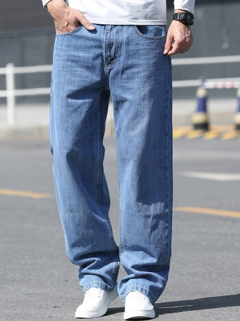 沐秋牛仔裤男宽松直筒黑色大码男装胖子阔腿裤男士弹力夏季薄款男生