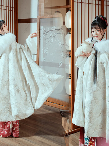 烫金提花 乳白斗篷【加绒】 毛领 110cm【适合身高150-165】版