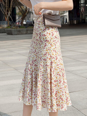 雪纺碎花裙中长款半身裙2022新款高腰鱼尾裙子半身裙a字裙大摆裙防芳