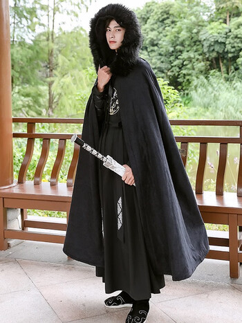 fgacct披风毛领黑色汉服斗篷男秋冬长款加绒加厚连帽中国风超仙古装