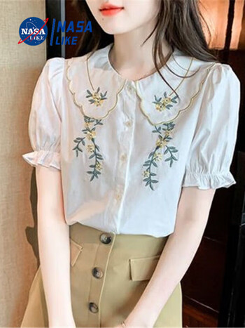 nasalike娃娃领刺绣衬衫上衣女秋季新款宽松设计感娃娃领衬衫短袖衬衣