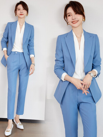 渊捷 西装套装女2022春季职业感通勤面试正装西服贡针职业装雾霾蓝 可