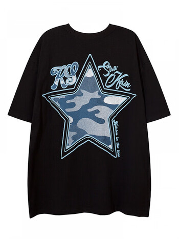 peacemarket 夏季国潮五角星短袖t恤男嘻哈街头oversize半袖tee 黑色