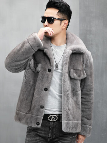 lbmuji高端品牌裘皮皮草美国进口貂皮外套整貂水貂毛铁灰翻领天鹅绒