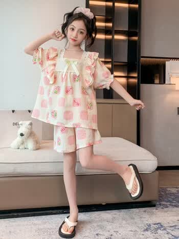 迪士尼女童睡衣夏季薄款冰丝短袖短裤可爱公主风纯棉夏款儿童套装家居