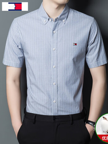 汤米希凯利男装新款条纹短袖衬衫商务休闲男士修身纯棉衬衣潮男装灰