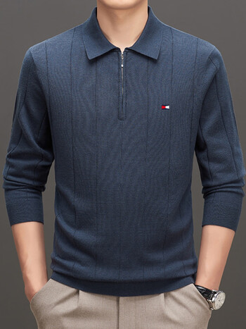 tommyjeanstommy汤米男士毛衣春秋季薄款翻领桑蚕丝针织衫黑色fcy