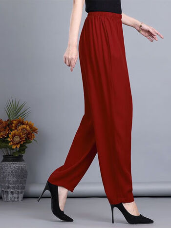 老年奶奶穿的舒适宽松裤子中休闲裤女夏季高腰直筒裤棉麻哈伦 酒红色