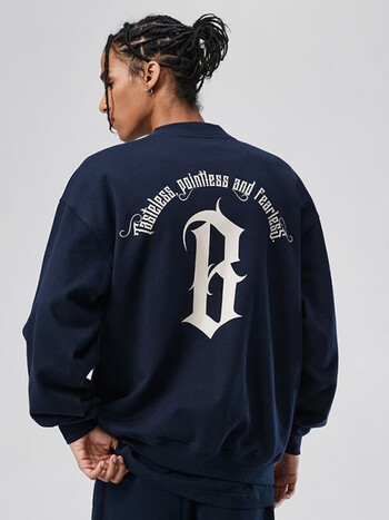 字体圆弧logo印花圆领重磅卫衣美式高街潮牌长袖上衣 复古海军蓝 m