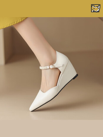 犀牛品尚夏季新款坡跟鞋白色女鞋坡跟凉鞋女尖头高跟鞋包头黑色珍珠