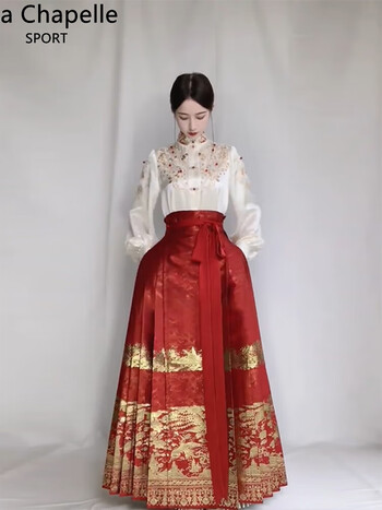 汉服女成人2023新款订婚嫁衣敬酒服红色马面裙婚服半身裙白色衬衫s