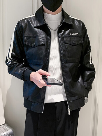 皮衣男潮牌短款修身外套男士翻领休闲皮夹克韩版休闲上衣机车褂子