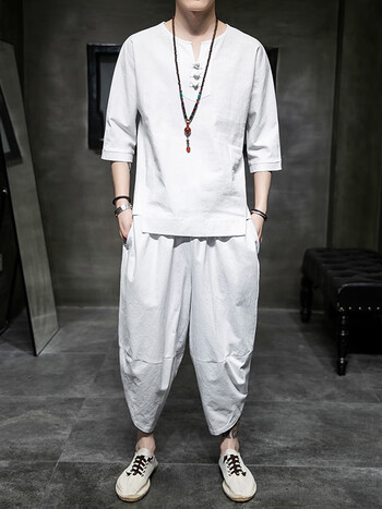 津谨岸 居士服中国风套装男夏拜佛打坐禅修服装男装亚麻夏季薄款复古