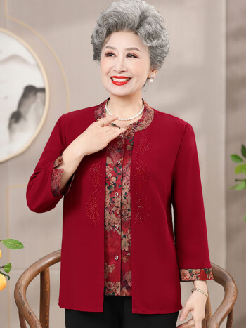 荨积中老年人春装女衬衫奶奶装假两件上衣妈妈夏季衬衫老太太老人衣服