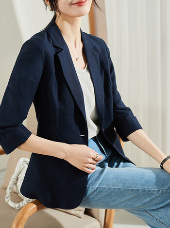 sofsil索菲丝尔亚麻西装外套女薄款2022夏季新款七分袖休闲小西服上衣