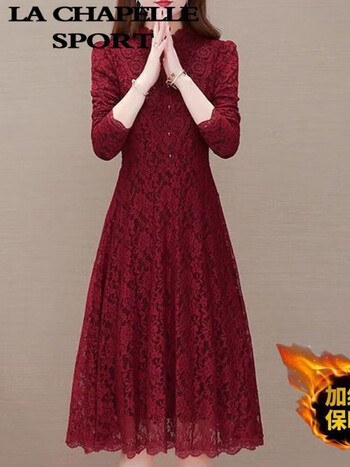 lachapellesport拉夏贝尔加厚绒防寒保暖蕾丝长袖连衣裙女秋冬季新款