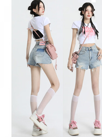 破洞牛仔短裤女夏季2024新款高腰小个子辣妹撞色毛边a字热裤浅蓝xs