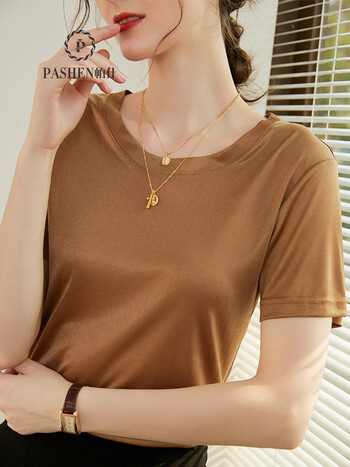 帕什2022夏季新款醋酸短袖t恤女纯色上衣圆领修身显瘦百搭at238卡其