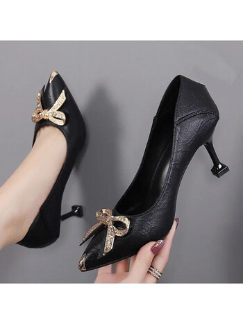 年春秋季少女网红水钻法式高跟鞋女细跟尖头性感黑 黑色-4厘米sd123款