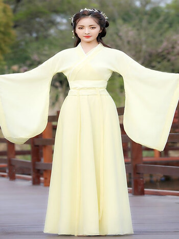汉服女冬季原创上班穿秋冬超仙气飘逸古风广袖流仙裙改良古装 鹅黄色