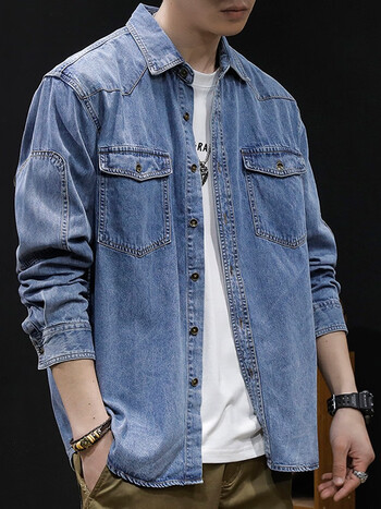 潮天士复古牛仔衬衫男宽松工装休闲外套男士长袖衬衣秋冬季水洗潮牌