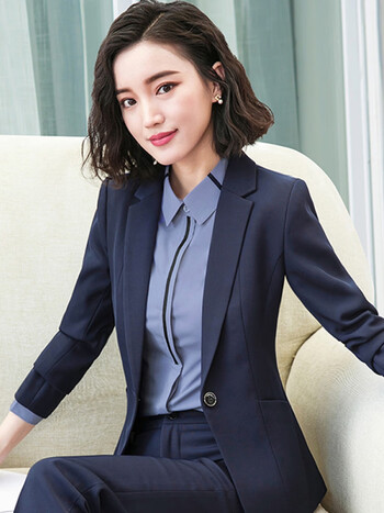 酒店前台工作服职业装女套装时尚正装工作制服教师工装 蓝色马甲 蓝