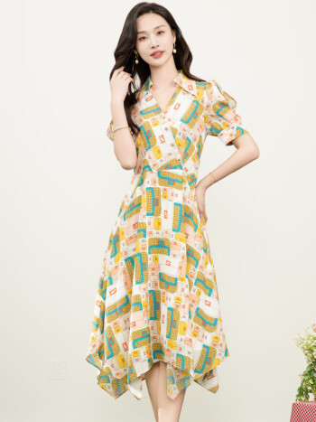 佳人苑连衣裙女2024年夏季新款翻领金属排扣收腰侧腰隐形拉链参差裙摆