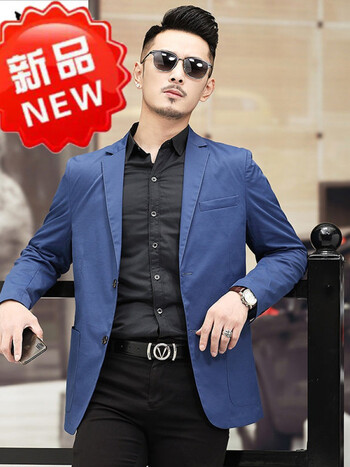 休闲西服男修身春夏季上衣单件商务正装轻薄男士西装外套潮浅蓝色180