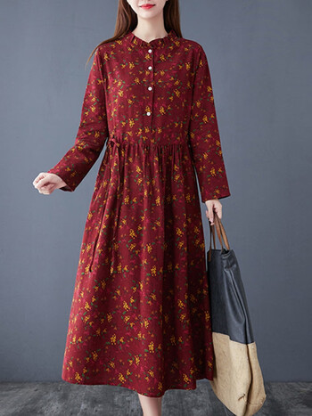 闲逛者22年秋冬季新款连衣裙文艺棉麻裙女士收腰气质森系碎花长袖打底