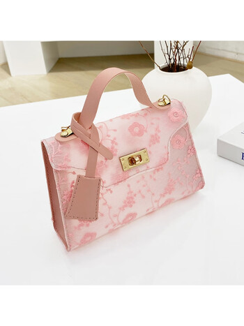 包包新款绣花透明撞色手提凯丽小方包休闲手机包单肩包刺绣粉色18612