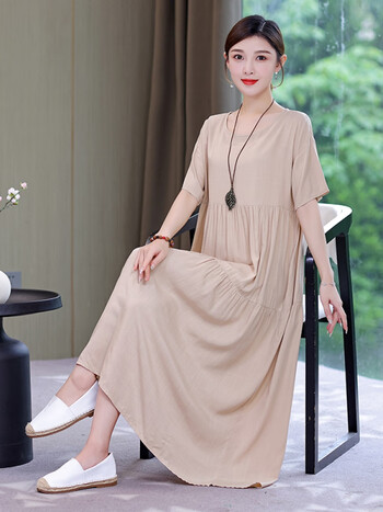 歌茵图高端纯色棉麻连衣裙女夏2022新款遮肚子显瘦减龄棉绸气质长裙8