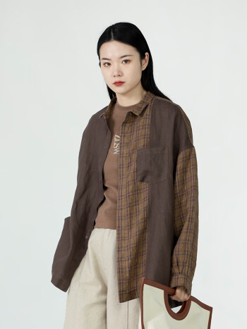 竹林石屋秋季衬衫拼接长袖女式休闲女装上衣中性小众开衫系扣外套商场