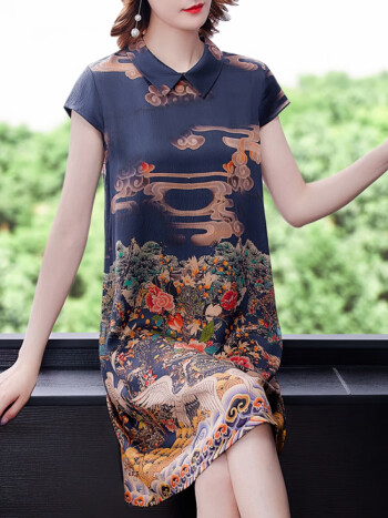 恒源祥贵夫人香云纱连衣裙女夏季新款妈m品牌高贵气质改良旗袍直筒