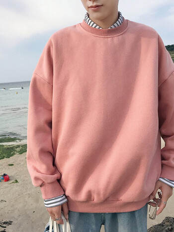 年秋秋季新款宽松大码卫衣ins港风圆领纯色长袖t恤男生衣服粉色5xl