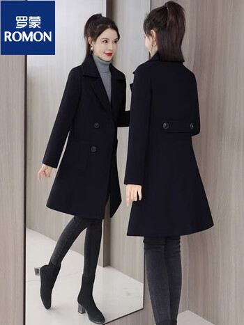 罗蒙黑色毛呢外套女中长款2023秋冬季新款显瘦修身加厚小个子呢子大衣