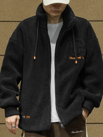 依郎酷男士羊羔绒外套男宽松休闲夹克男生刺绣冬季加厚款保暖摇粒绒大