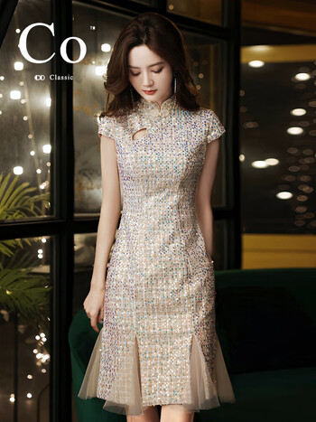 co鱼尾中式旗袍礼服裙2024宴会短款小个子轻奢小众高端闪高定xf21087