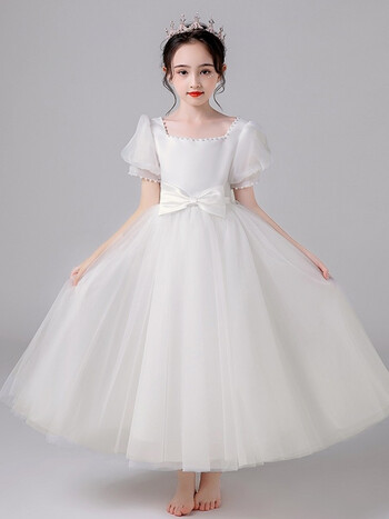 公主裙蓬蓬纱儿童走秀小主持人钢琴演出服夏季礼服白色钉珠长款110