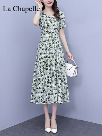 拉夏贝尔品牌女装连衣裙女2024夏季新款时尚大i码收腰显瘦遮肚碎花