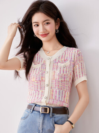 港夕夕2024新款夏季针织衫薄款女小香风短袖粉色开衫t恤上衣粉色行业