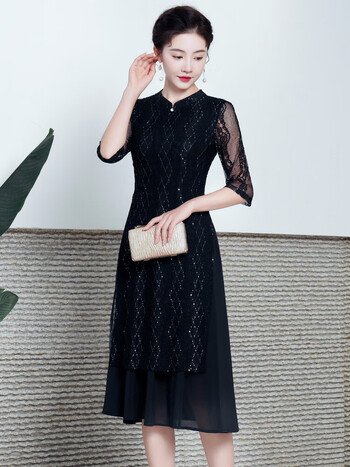 奥黛旗袍裙夏季新中长款七分袖日常黑色修身款蕾丝改良旗袍连衣裙