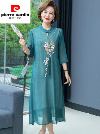 cardin)妈妈夏装连衣裙岁中年女气质改良旗袍长裙中老年女雪纺裙子